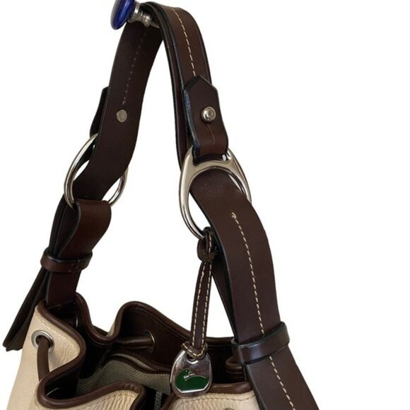 Vintage Dooney & Bourke Leather Drawstring Bucket Bag in Bone color Brown Trim a - Picture 4 of 15